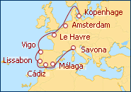 Reiseroute ansehen D�nemark, Frankreich, Spanien
