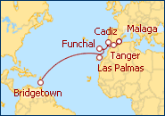 Reiseroute ansehen Transatlantik: Malaga nach Barbados