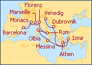 Reiseroute ansehen Mittelmeer Jungfernfahrt