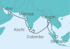 Reiseroute der Kreuzfahrt  Dubai • Khasab • Mumbai (Bombay) • Goa • Kochi • Colombo • Yangon • George Town • Port Klang (Kuala  - Nicko Cruises