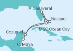 Reiseroute der Kreuzfahrt  Mexiko, USA, Bahamas - MSC Cruises