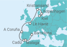 Reiseroute der Kreuzfahrt  Dänemark, Frankreich, Spanien Alles Inklusive - Costa Kreuzfahrten