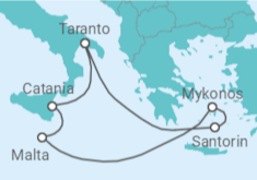 Reiseroute der Kreuzfahrt  Italien, Griechenland, Malta - Costa Kreuzfahrten
