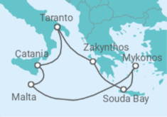 Reiseroute der Kreuzfahrt  Griechenland, Malta, Italien - Costa Kreuzfahrten