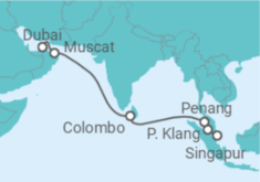 Reiseroute der Kreuzfahrt  14 Nächte - Transasien - ab Singapur/bis Dubai - Mein Schiff