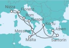Reiseroute der Kreuzfahrt  Griechenland, Malta, Italien, Frankreich - NCL Norwegian Cruise Line