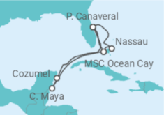 Reiseroute der Kreuzfahrt  Mexiko, USA, Bahamas - MSC Cruises