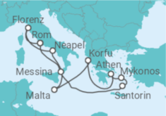 Reiseroute der Kreuzfahrt  Griechenland, Malta, Italien - NCL Norwegian Cruise Line