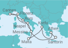 Reiseroute der Kreuzfahrt  Griechenland, Malta, Italien, Frankreich - NCL Norwegian Cruise Line