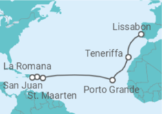 Reiseroute der Kreuzfahrt  Dominikanische Republik, Sint Maarten, Spanien - NCL Norwegian Cruise Line