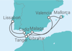 Reiseroute der Kreuzfahrt  10 Nächte - Westliches Mittelmeer mit Cádiz  - Mein Schiff