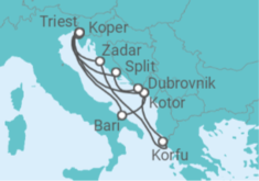 Reiseroute der Kreuzfahrt  14 Nächte - Adria mit Dubrovnik & Zadar - Mein Schiff
