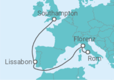 Reiseroute der Kreuzfahrt  Lissabon, Florenz, Rom - Cunard
