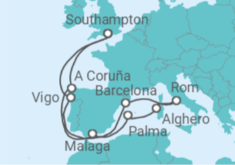Reiseroute der Kreuzfahrt  Spanien, Italien - Cunard