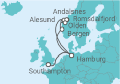 Reiseroute der Kreuzfahrt  Deutschland, Norwegen - Cunard