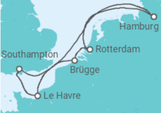 Reiseroute der Kreuzfahrt  Frankreich, Belgien, Niederlande, Deutschland - Cunard