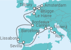 Reiseroute der Kreuzfahrt  Von Civitavecchia (Rom) nach Le Havre (Frankreich) - NCL Norwegian Cruise Line