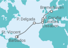 Reiseroute der Kreuzfahrt  17 Nächte - Transatlantik - ab Bridgetown/bis Bremerhaven - Mein Schiff