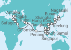 Reiseroute der Kreuzfahrt  58 Nächte - Weltentdecker-Route - ab Hongkong/bis Antalya - Mein Schiff