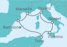 Reiseroute der Kreuzfahrt  Italien, Frankreich, Spanien, Tunesien Alles Inklusive - MSC Cruises