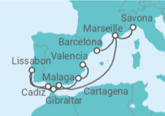 Reiseroute der Kreuzfahrt  Frankreich, Italien, Spanien, Gibraltar, Portugal - Costa Kreuzfahrten