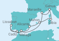 Reiseroute der Kreuzfahrt  Spanien, Portugal, Italien, Frankreich - MSC Cruises