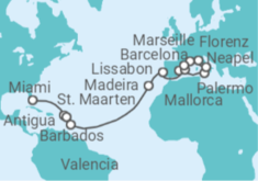 Reiseroute der Kreuzfahrt  Von Miami nach Barcelona - MSC Cruises