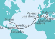 Reiseroute der Kreuzfahrt  Sint Maarten, Antigua Und Barbuda, Barbados, Portugal, Spanien, Italien - MSC Cruises