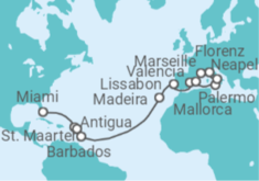 Reiseroute der Kreuzfahrt  Von Miami nach Marseille (Frankreich) - MSC Cruises