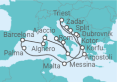 Reiseroute der Kreuzfahrt  Frankreich, Italien, Griechenland, Montenegro, Kroatien, Malta, Spanien - Cunard