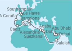 Reiseroute der Kreuzfahrt  Von Dubai nach Southampton (England) - MSC Cruises