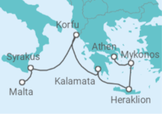 Reiseroute der Kreuzfahrt  Malta • Sizilien • Korfu • Kalamata • Kreta • Mykonos •  Athen + Flüge - Nicko Cruises