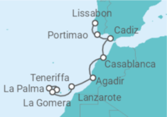 Reiseroute der Kreuzfahrt  Teneriffa • La Palma • La Gomera • Lanzarote • Agadir • Casablanca • Cádiz • Portimão • Lissabon - Nicko Cruises