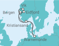 Reiseroute der Kreuzfahrt  Norwegens Fjorde ab Warnemünde - AIDA