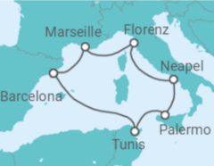 Reiseroute der Kreuzfahrt  Frankreich, Spanien, Tunesien, Italien - MSC Cruises