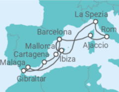 Reiseroute der Kreuzfahrt Große Mittelmeer-Reise ab Mallorca 2 - mit Flug - AIDA Reiseroute der Kreuzfahrt Große Mittelmeer-Reise ab Mallorca 2 - mit Flug - AIDA