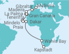 Reiseroute der Kreuzfahrt 27 Nächte - Auf Entdeckerspuren nach Südafrika - ab Palma/bis Kapstadt - Mein Schiff Reiseroute der Kreuzfahrt 27 Nächte - Auf Entdeckerspuren nach Südafrika - ab Palma/bis Kapstadt - Mein Schiff