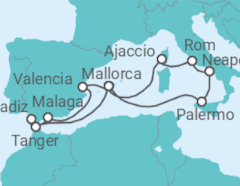 Reiseroute der Kreuzfahrt 14 Nächte - Spaniens Südküste und mediterrane Inselwelten - ab/bis Palma - Mein Schiff Reiseroute der Kreuzfahrt 14 Nächte - Spaniens Südküste und mediterrane Inselwelten - ab/bis Palma - Mein Schiff