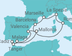 Reiseroute der Kreuzfahrt 14 Nächte - Kulturelle Vielfalt im westlichen Mittelmeer - ab/bis Palma - Mein Schiff Reiseroute der Kreuzfahrt 14 Nächte - Kulturelle Vielfalt im westlichen Mittelmeer - ab/bis Palma - Mein Schiff