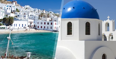 Mykonos und Santorini mit dem Flugzeug und mit Mietwagen Mykonos und Santorini mit dem Flugzeug und mit Mietwagen