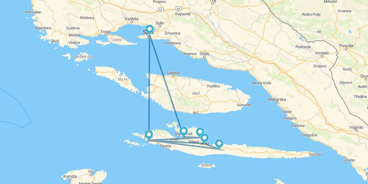 Route zur Insel Hvar und Split