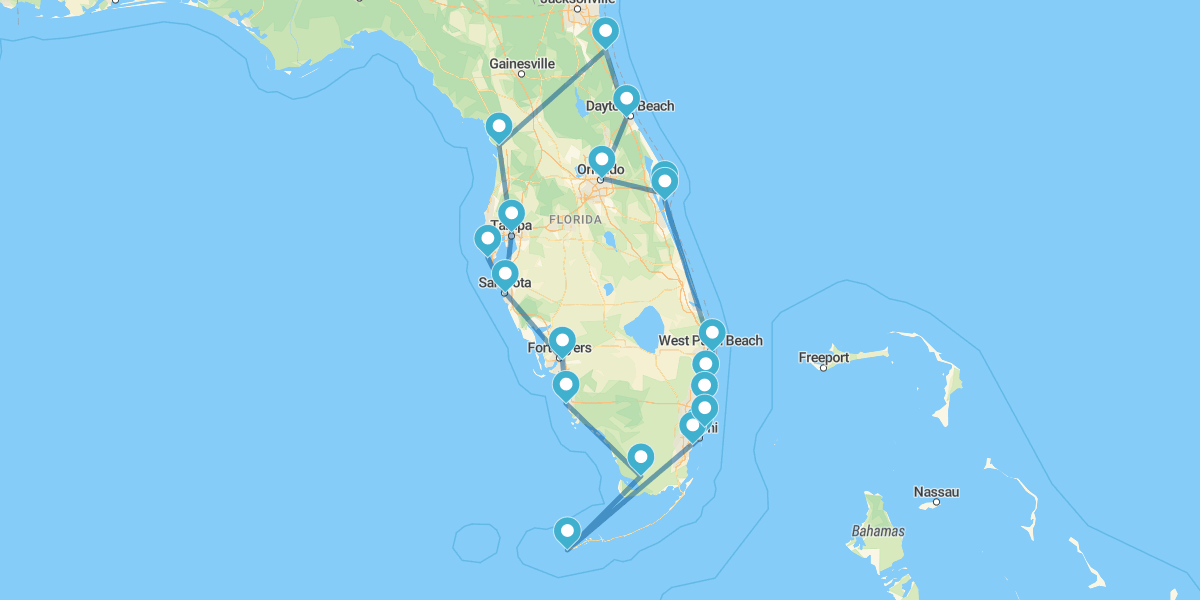 Route entlang der Küste von Florida und Orlando