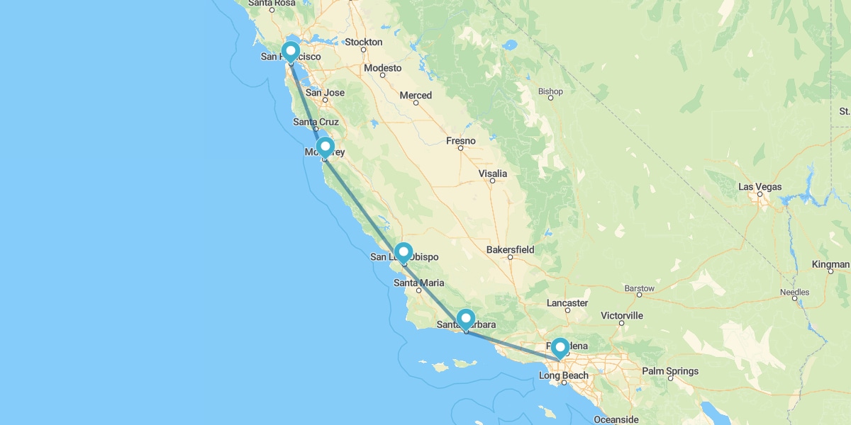 Route der Küste Kaliforniens, von Los Angeles nach San Francisco