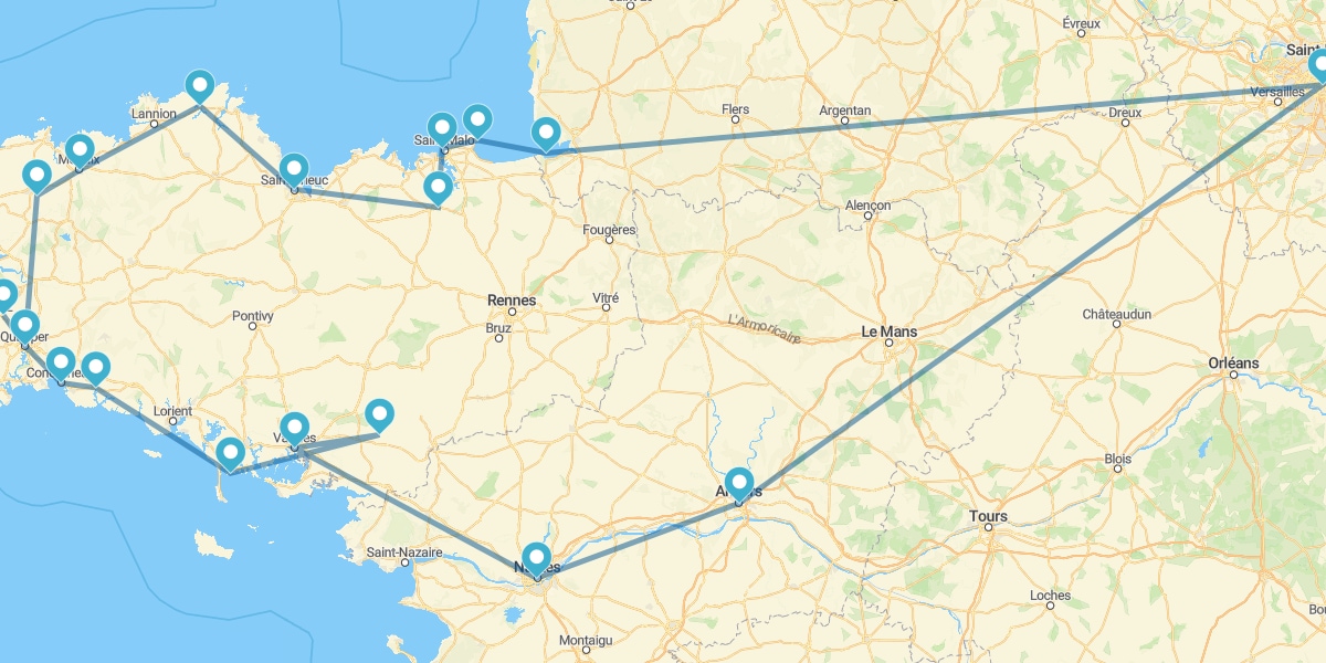 Route durch die Region Bretagne von Paris