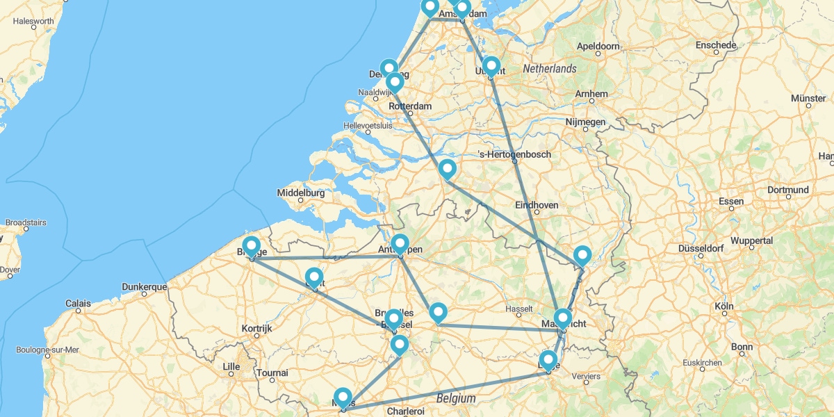 Route zu den Sehenswürdigkeiten Belgiens und Hollands