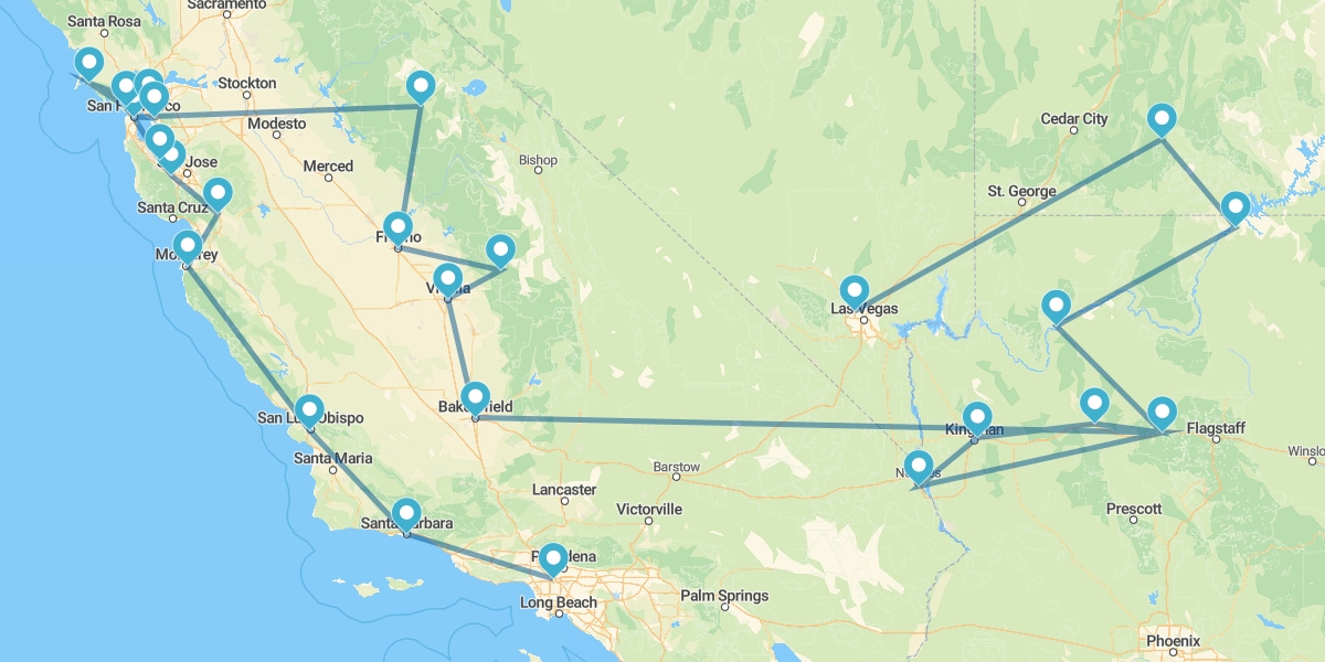 Route von Kalifornien nach Nevada mit Naturparks