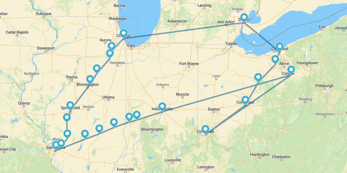 Route durch den Mittleren Westen, von Chicago nach Detroit