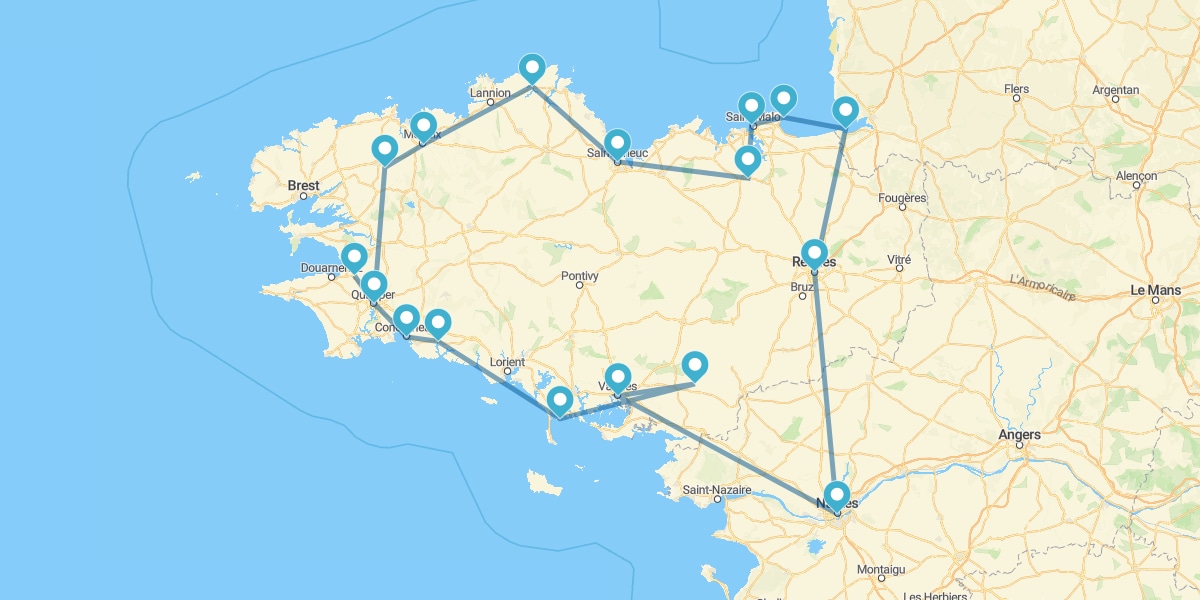 Route durch die Region Bretagne von Nantes