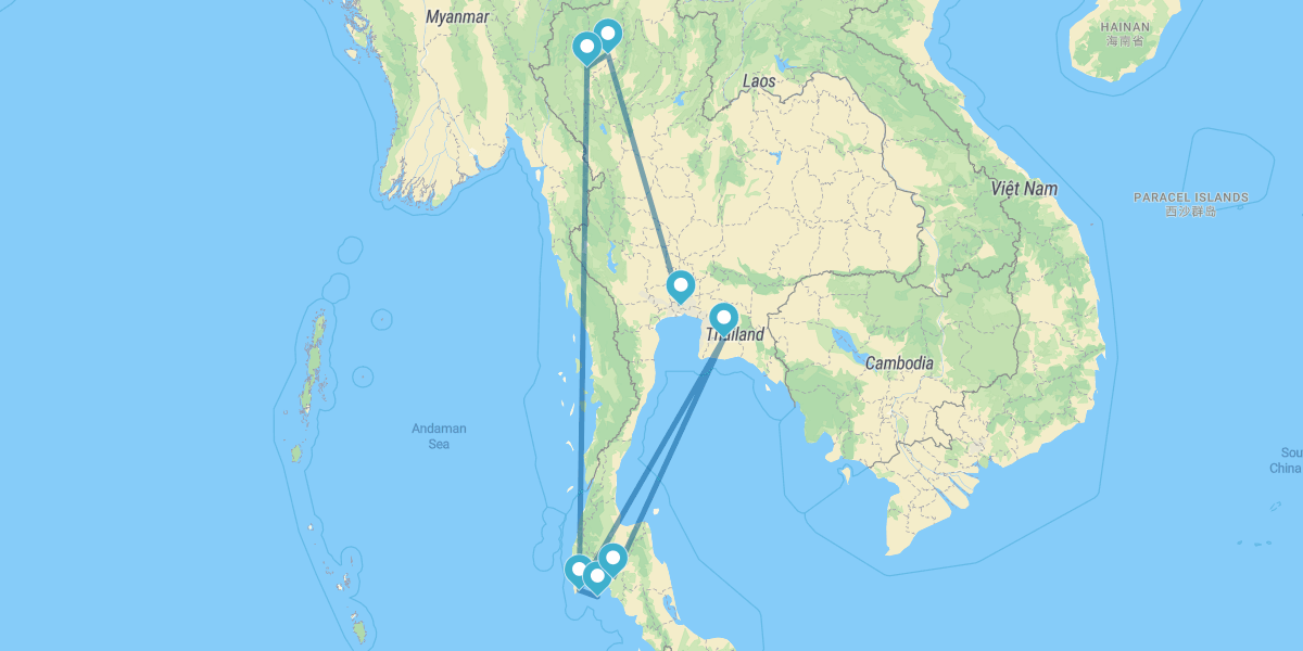 Bangkok, Chiang Mai, Doi Inthanon, Phuket, Khao Sok und Krabi