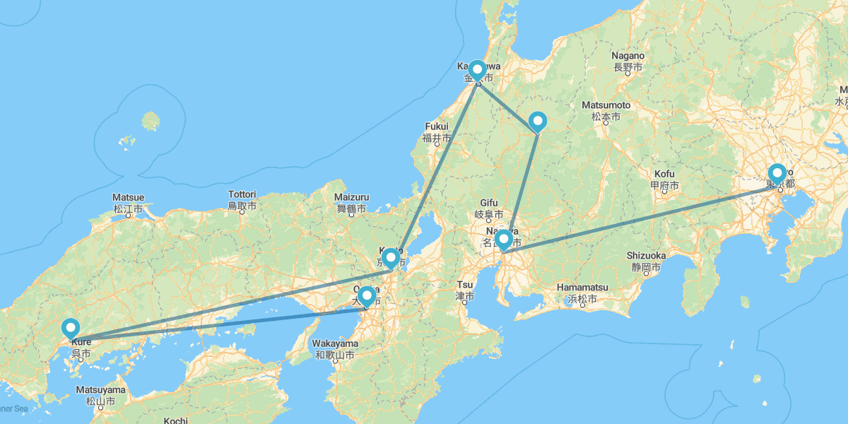 Tokyo, Nagoya, Takayama, Kanazawa, Kyoto, Hiroshima und Osaka